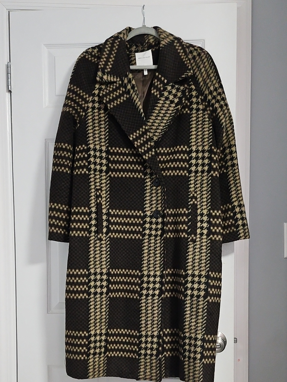 Wool Blend Black & Tan Plaid Coat